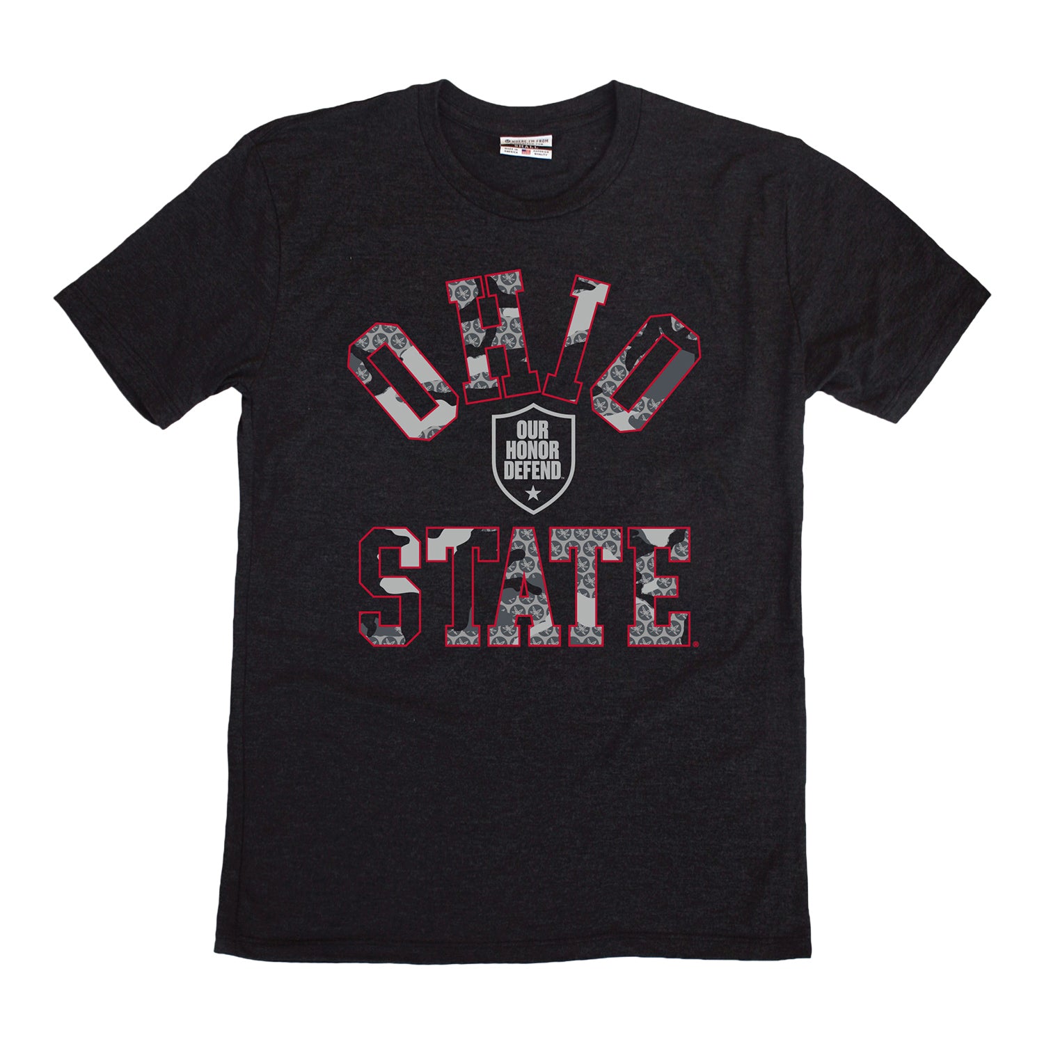 Ohio State Buckeyes Our Honor Defend Camo Wordmark Tee In Black - Front View