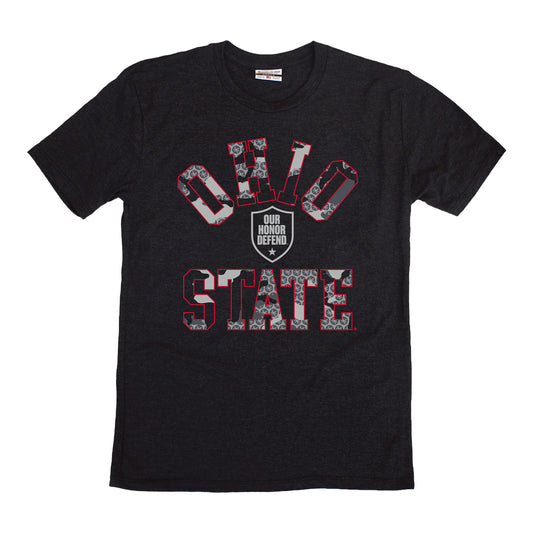 Ohio State Buckeyes Our Honor Defend Camo Wordmark Tee In Black - Front View