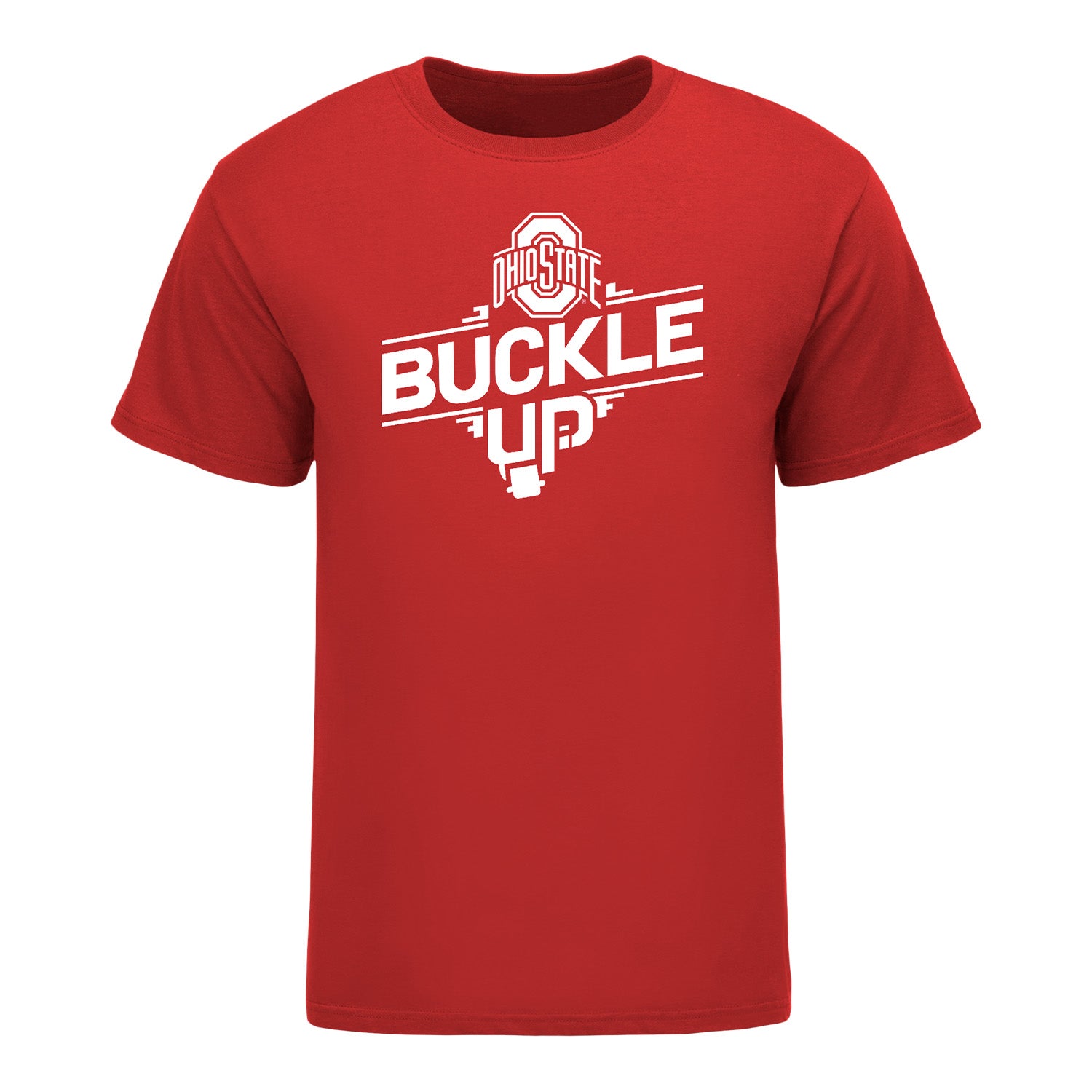 Ohio State Buckeyes Buckle Up Scarlet T-Shirt - Front View