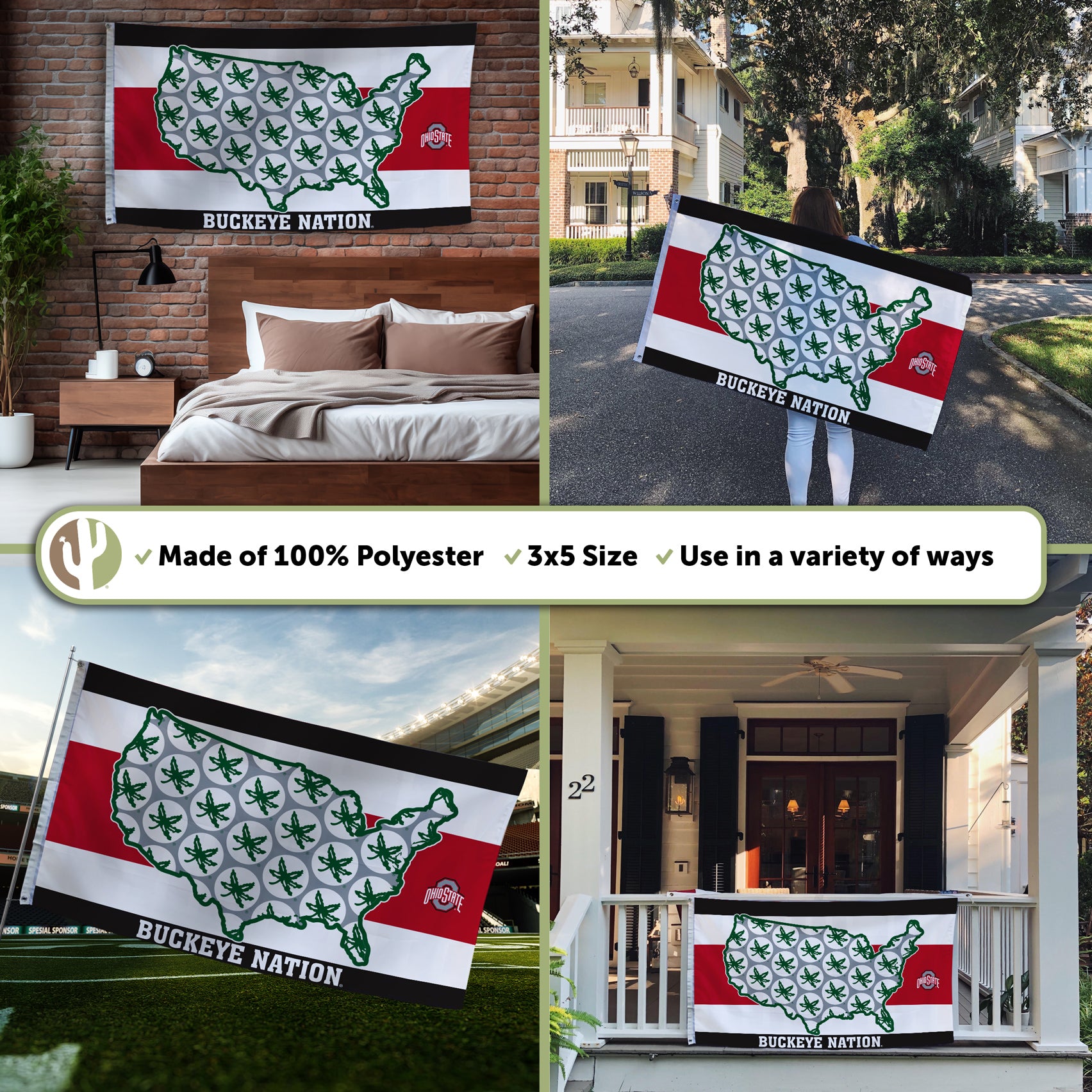 Ohio State Buckeyes Desert Cactus Buckeye Nation 3x5 Flag - Modeled View