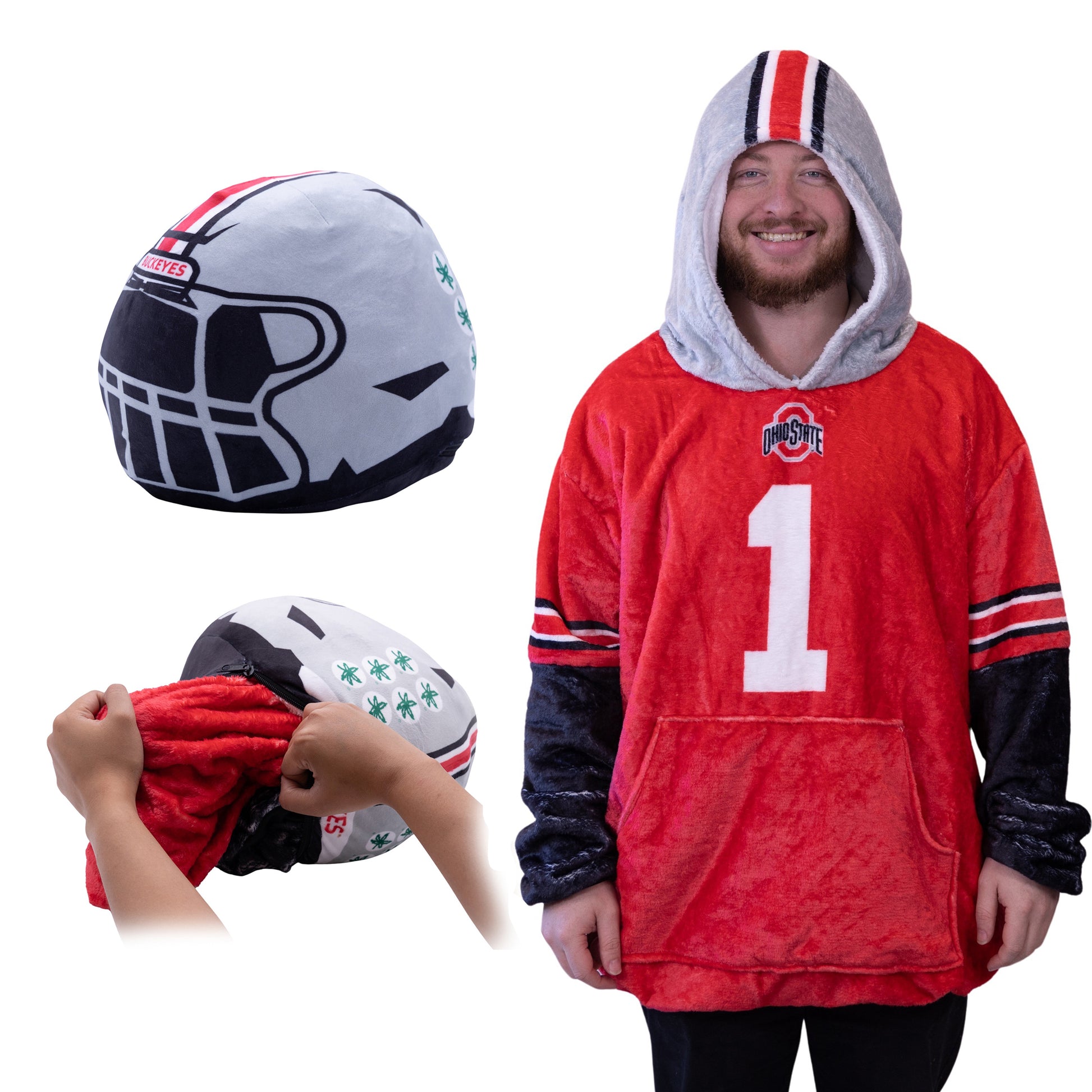 Ohio State Buckeyes Orange Onions Helmet Blanket Hoodie & Pillow Snugible In Multi-Color - Front View