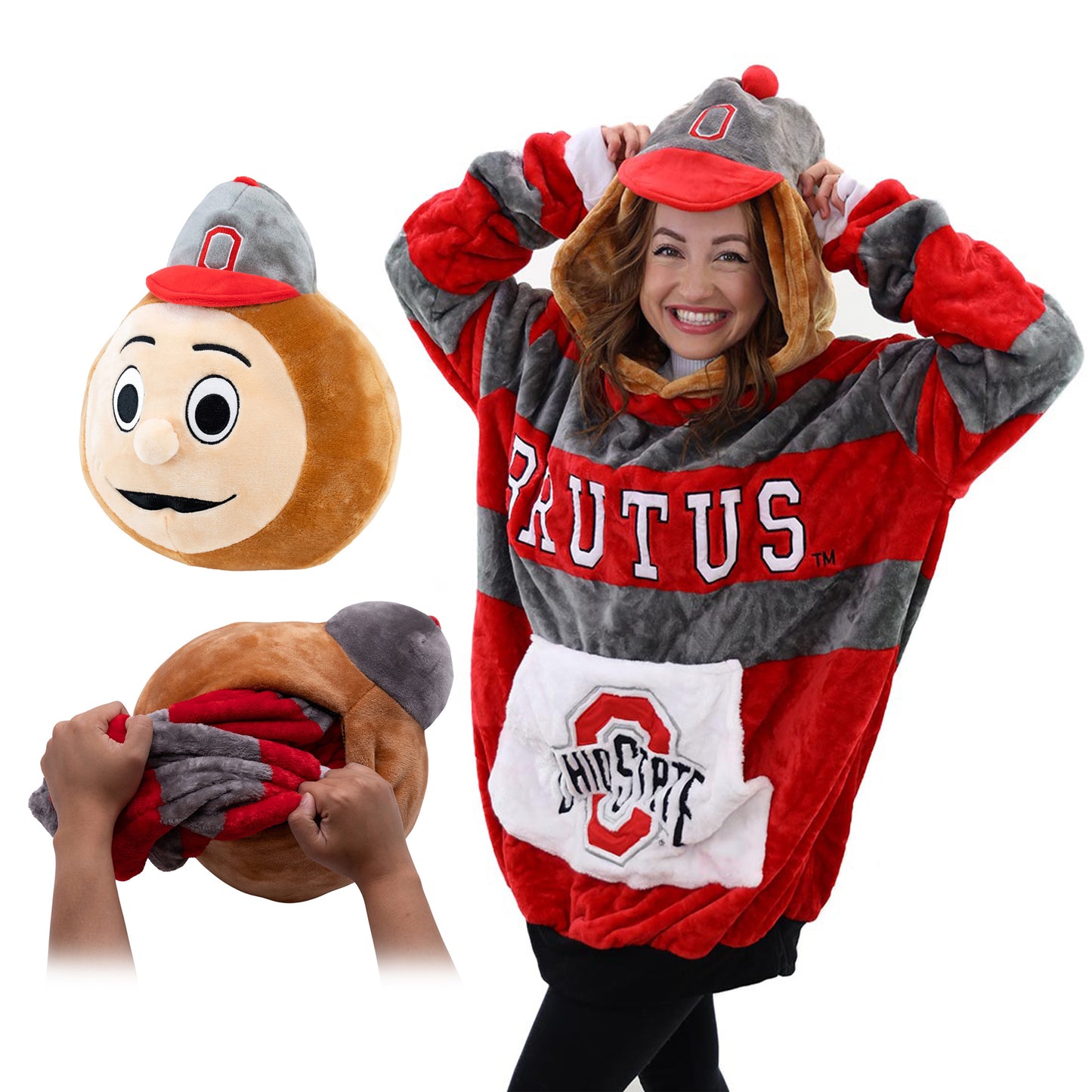 Ohio State Buckeyes Orange Onions Brutus Blanket Hoodie & Pillow Snugible In Multi-Color - Front View
