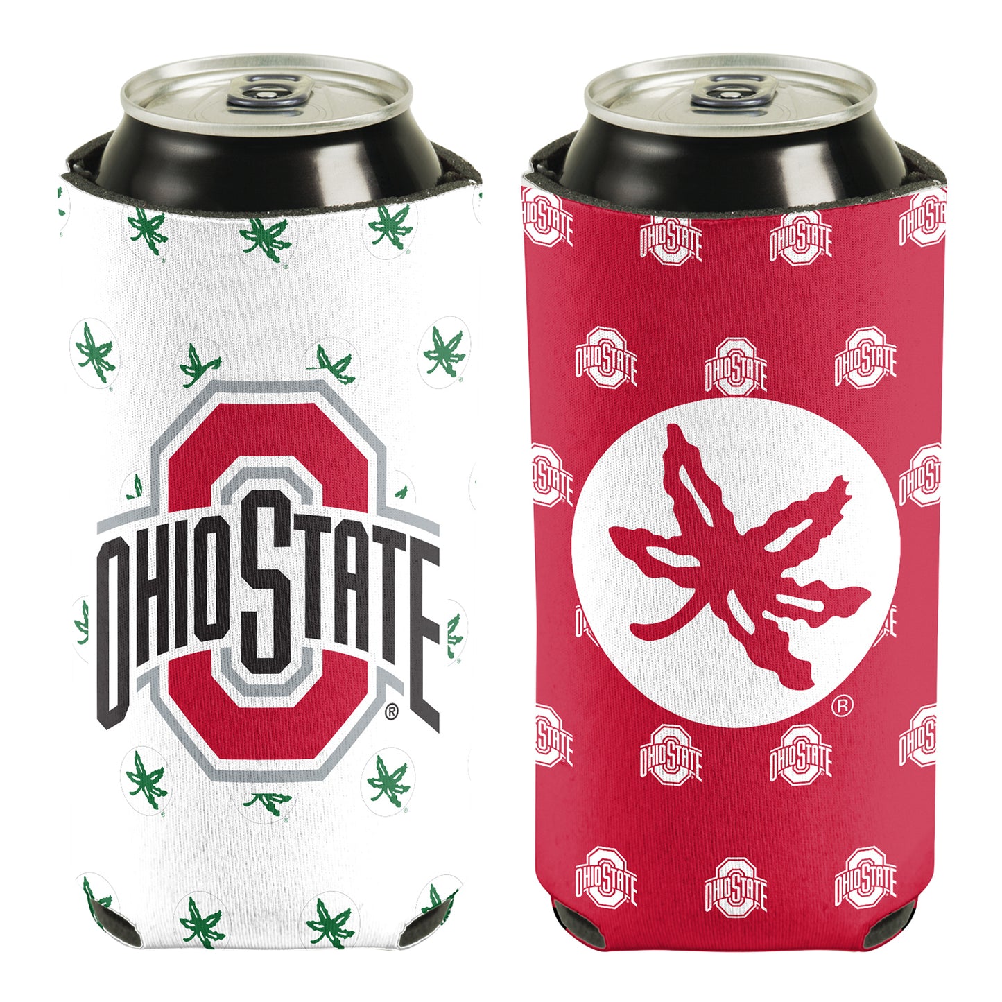 Ohio State Buckeyes Wincraft 16 oz Repeating Logo Coozie In White & Scarlet - Front View