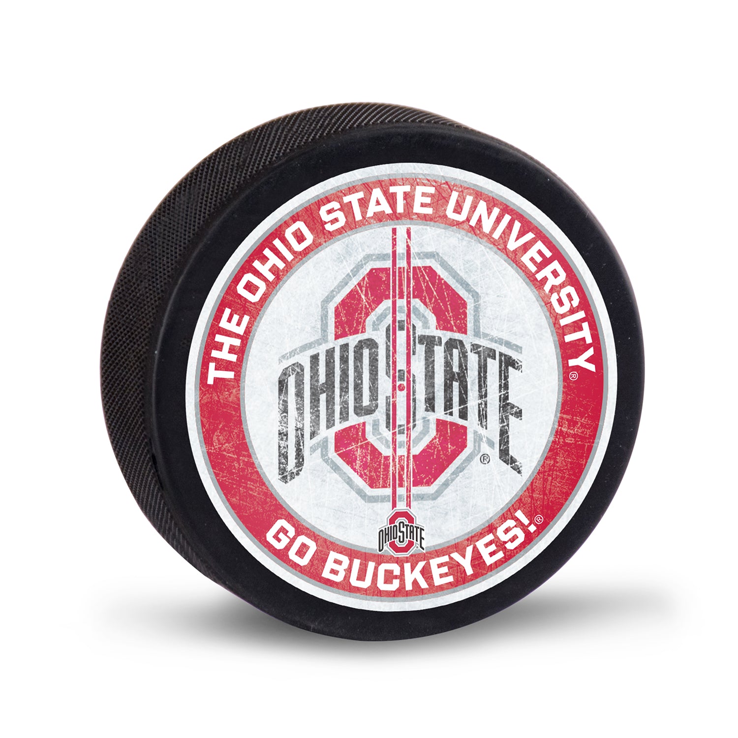Ohio State Buckeyes Center Ice Hockey Puck In Scarlet & Grey - Front View