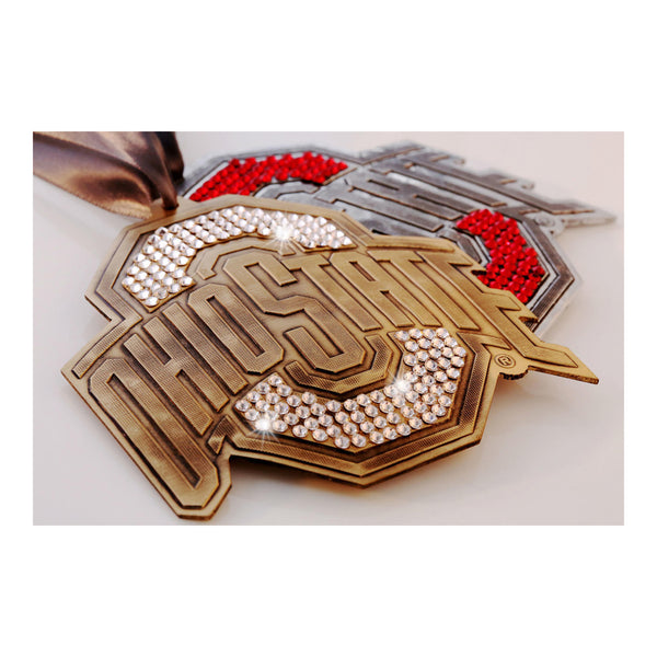 Ohio State Buckeyes Limited Edition Bronze Primary Logo Ornament with Crystals - Angled Front View