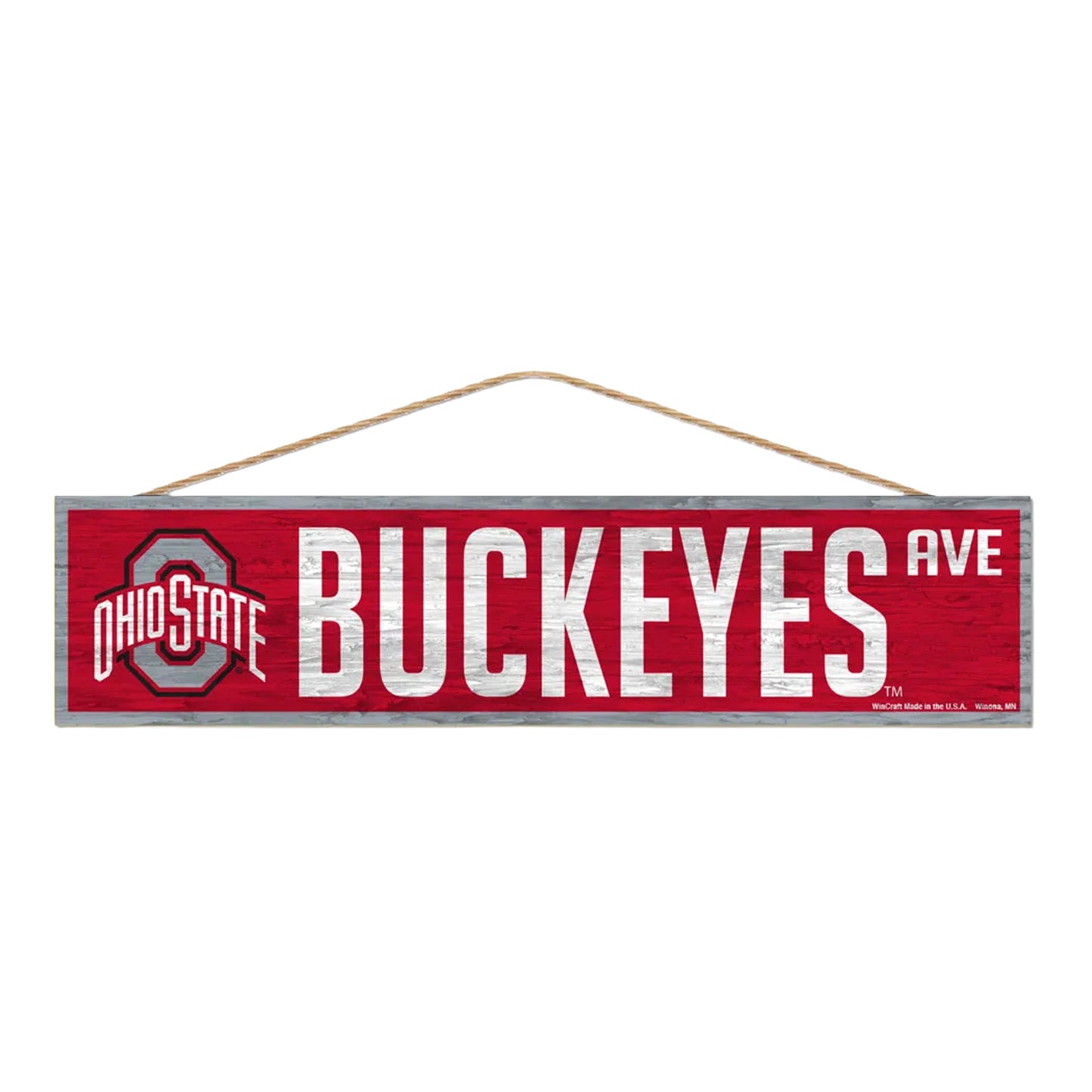 Ohio State Buckeyes Wood Sign-with Rope 4" x 17" - Front viewd