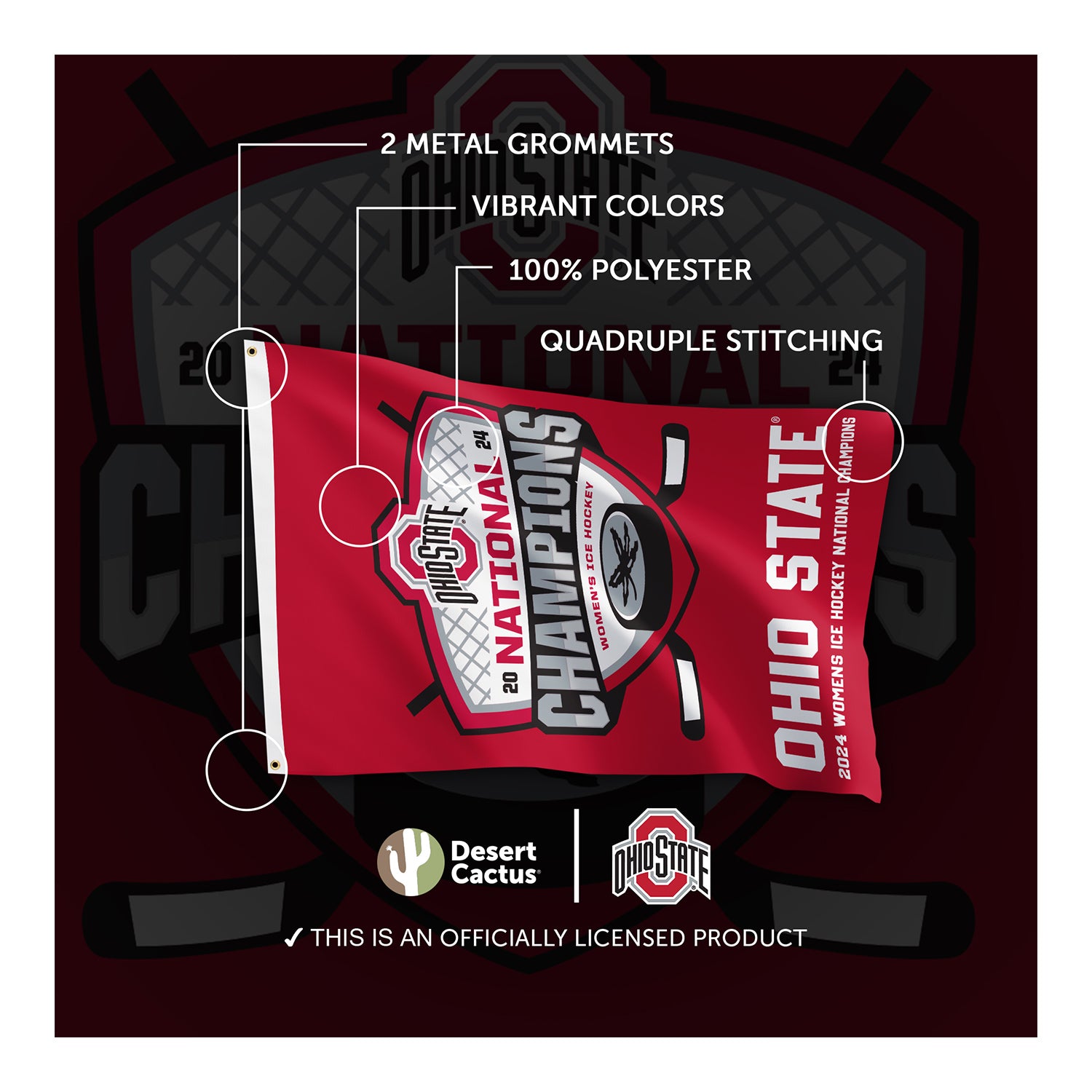 Ohio State Buckeyes 2024 Women's Ice Hockey National Champions Flag - Detail View