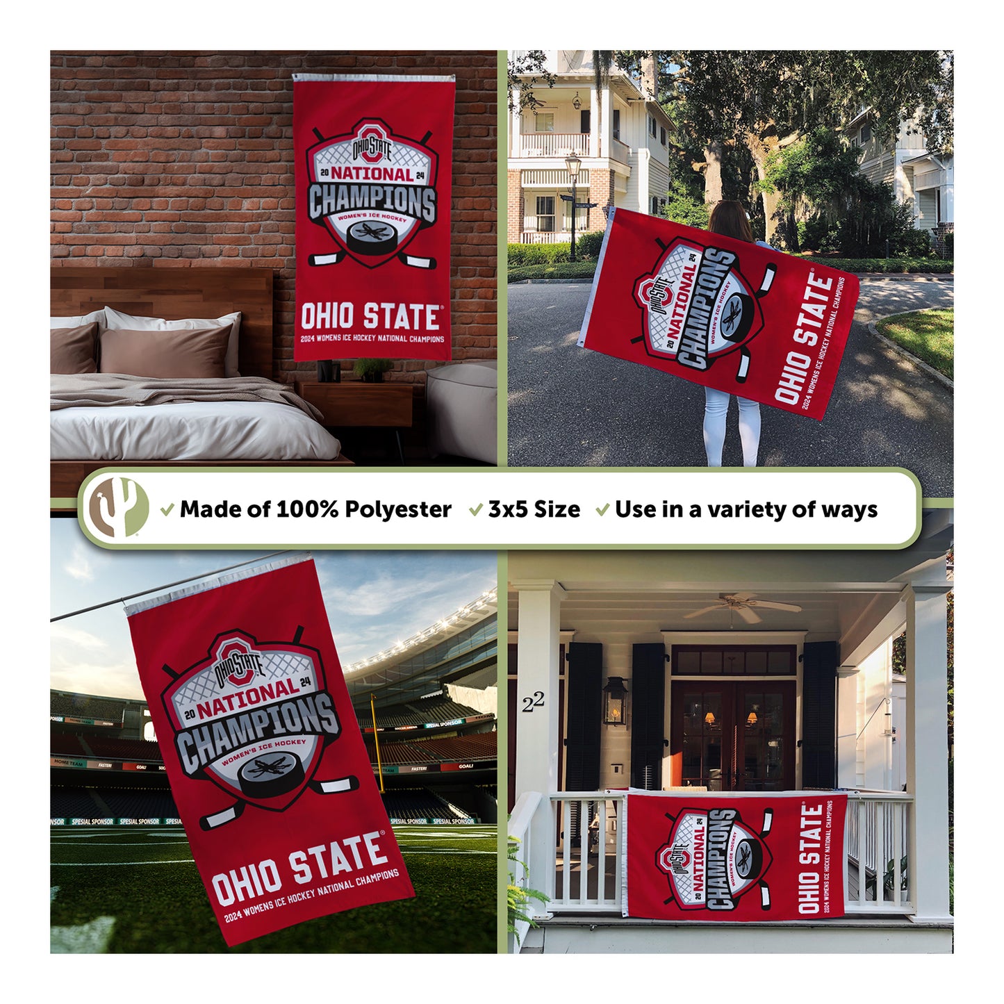 Ohio State Buckeyes 2024 Women's Ice Hockey National Champions Flag - Model View