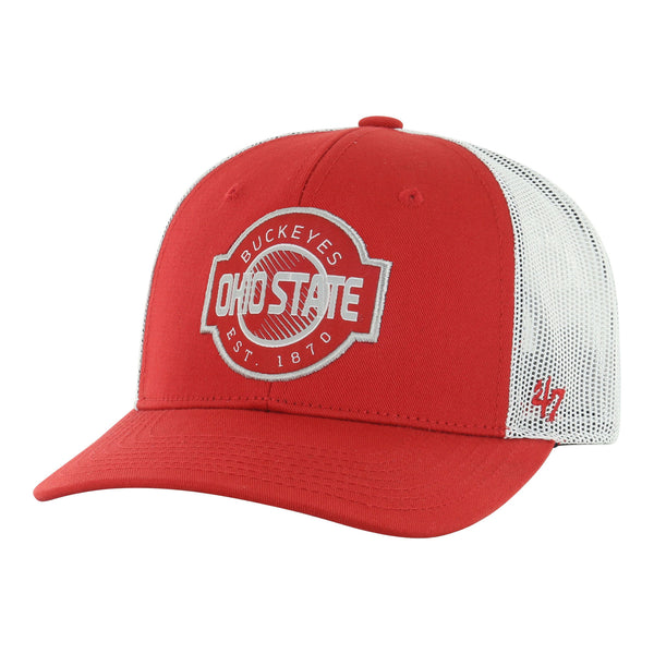 Youth Ohio State Buckeyes Scramble Trucker Scarlet Adjustable Hat - In Scarlet - Angled Left View