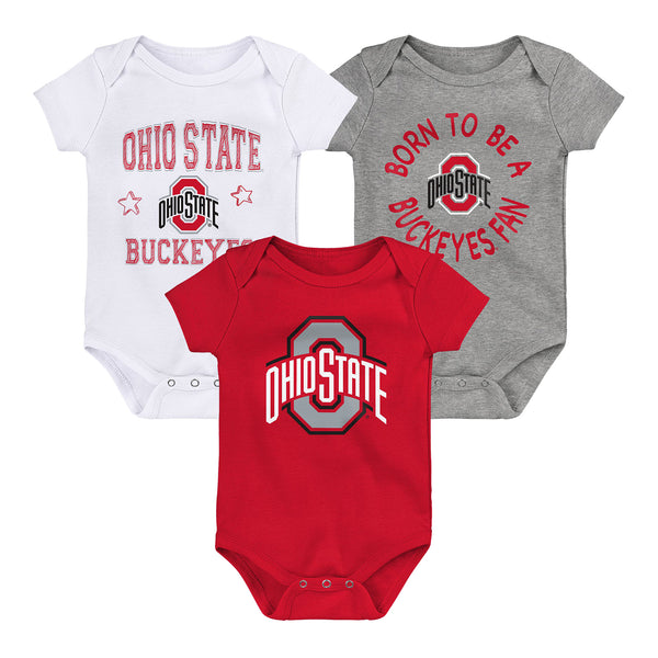 Newborn Ohio State Buckeyes 3-Pack Onesies - In Multi Color - Front View