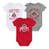 Infant Ohio State Buckeyes 3-Pack Onesies - In Multi Color - Front View