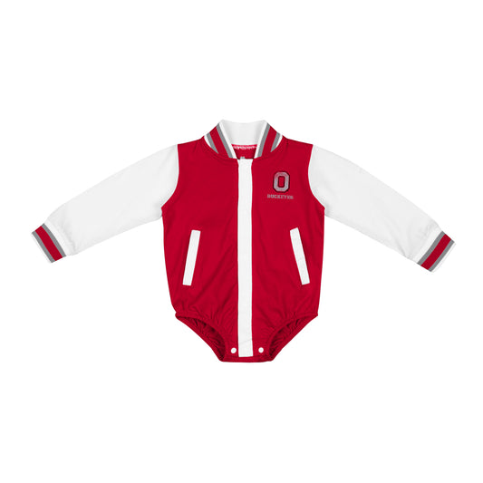 Infant Ohio State Buckeyes Bomber Jacket Onesie - Front View