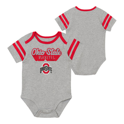Infant Ohio State Buckeyes Star Player 3-Pack Onsies - Gray front and back