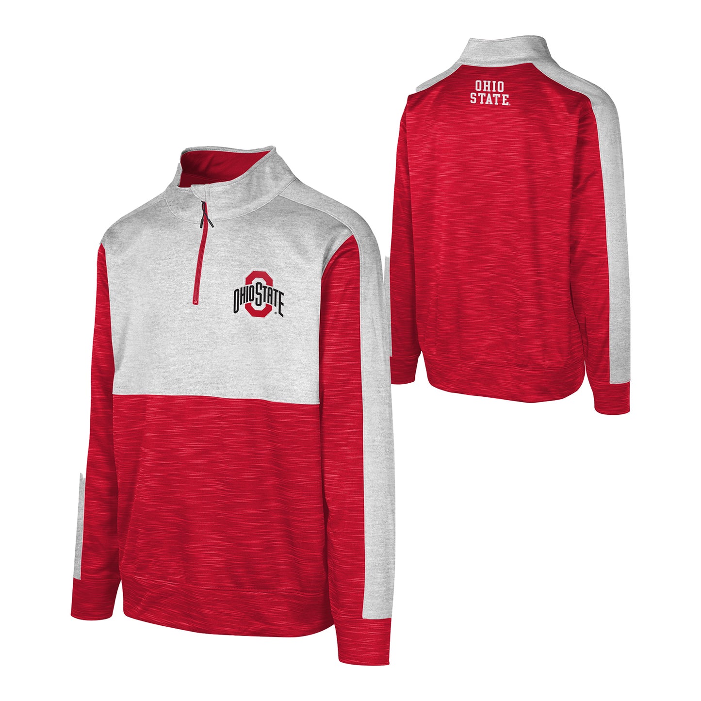 Youth Ohio State Buckeyes 1/4 Zip Scarlet/Gray Jacket - Front And Back View