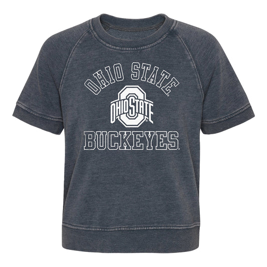 Girls Ohio State Buckeyes Cheer Squad Grey Short Sleeve Sweatshirt - In Gray - Front View