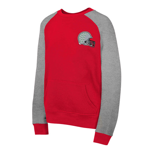 Youth Ohio State Buckeyes Pocket Scarlet/Gray Crewneck Sweatshirt - Front View