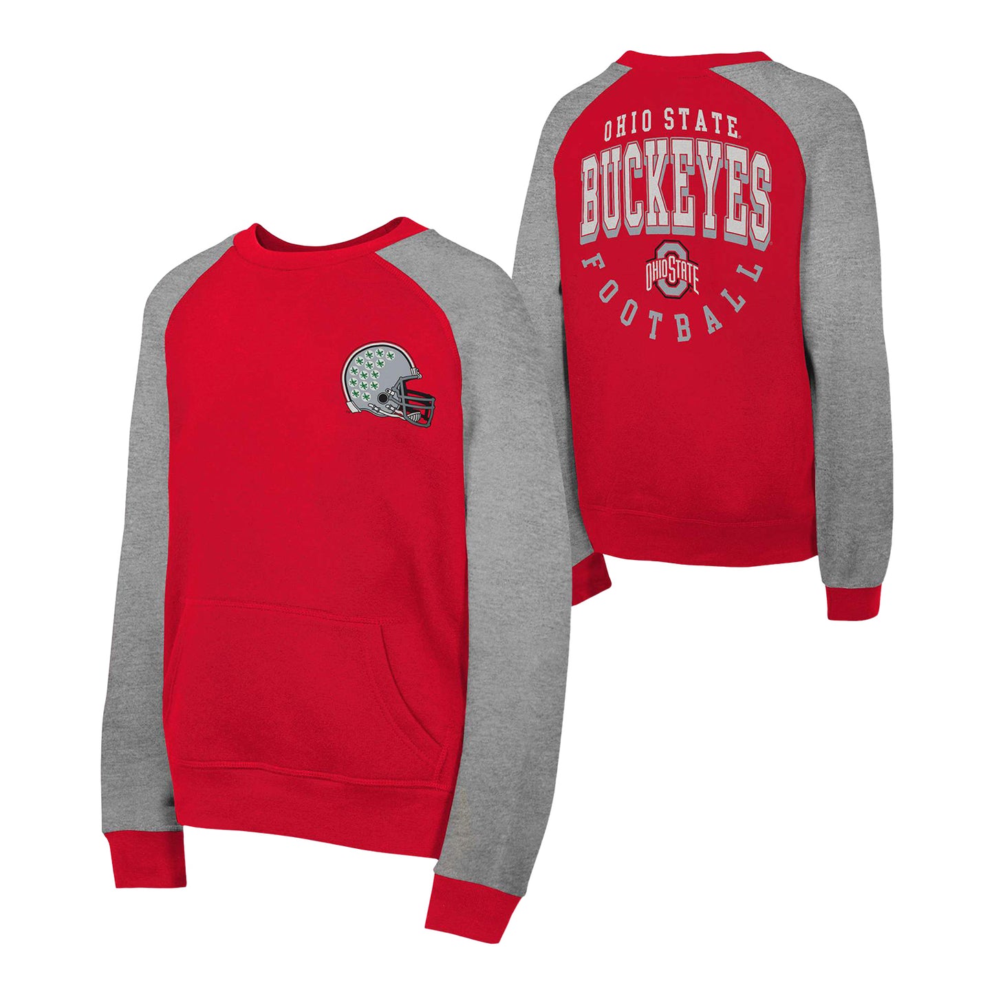 Youth Ohio State Buckeyes Pocket Scarlet/Gray Crewneck Sweatshirt - Front And Back View