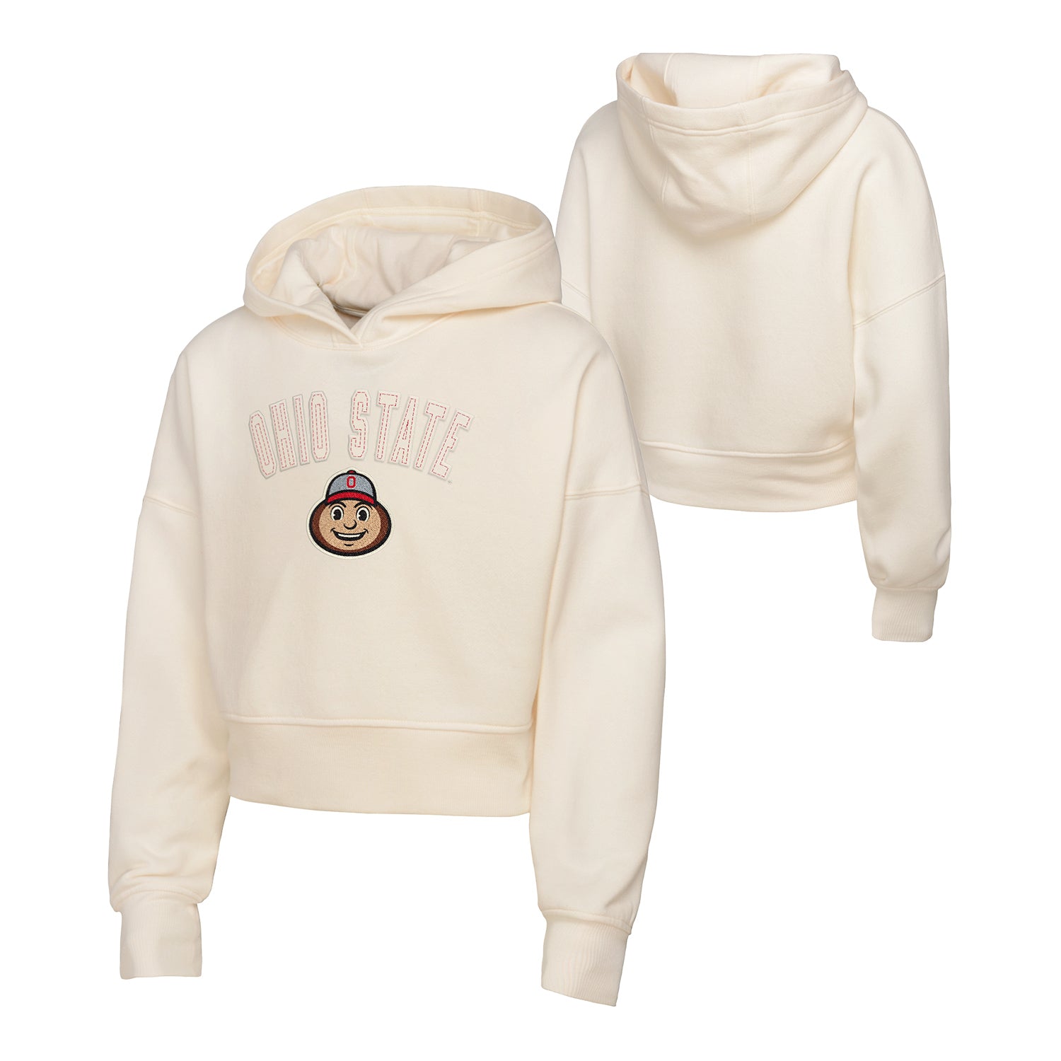 Youth Ohio State Buckeyes Girls Blitz Cropped Sweatshirt In Cream - Front & Back View