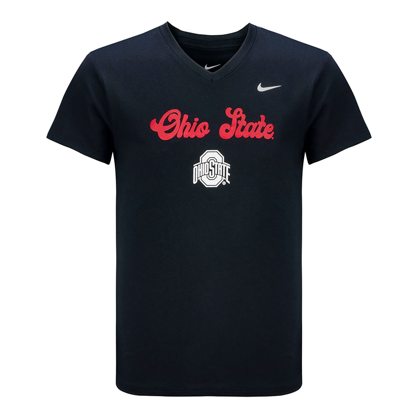 Girls Ohio State Buckeyes V-Neck Script Black T-Shirt - In Black - Front View