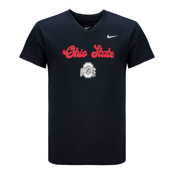 Girls Ohio State Buckeyes V-Neck Script Black T-Shirt - In Black - Front View