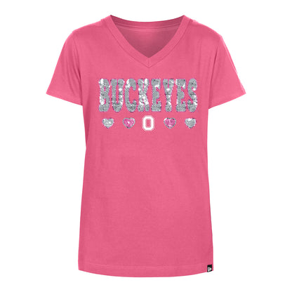 Girls Ohio State Buckeyes Flip Sequin Wordmark Pink T-Shirt - Front View