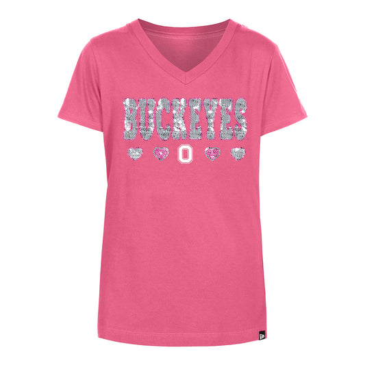 Girls Ohio State Buckeyes Flip Sequin Wordmark Pink T-Shirt - Front View