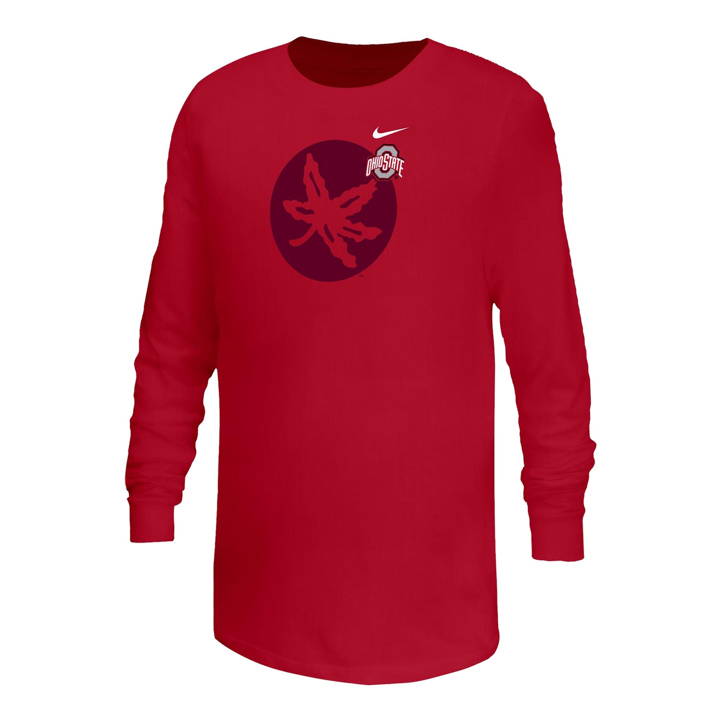 Youth Ohio State Buckeyes Nike Buckeye Leaf Long Sleeve T-Shirt In Red - Front View