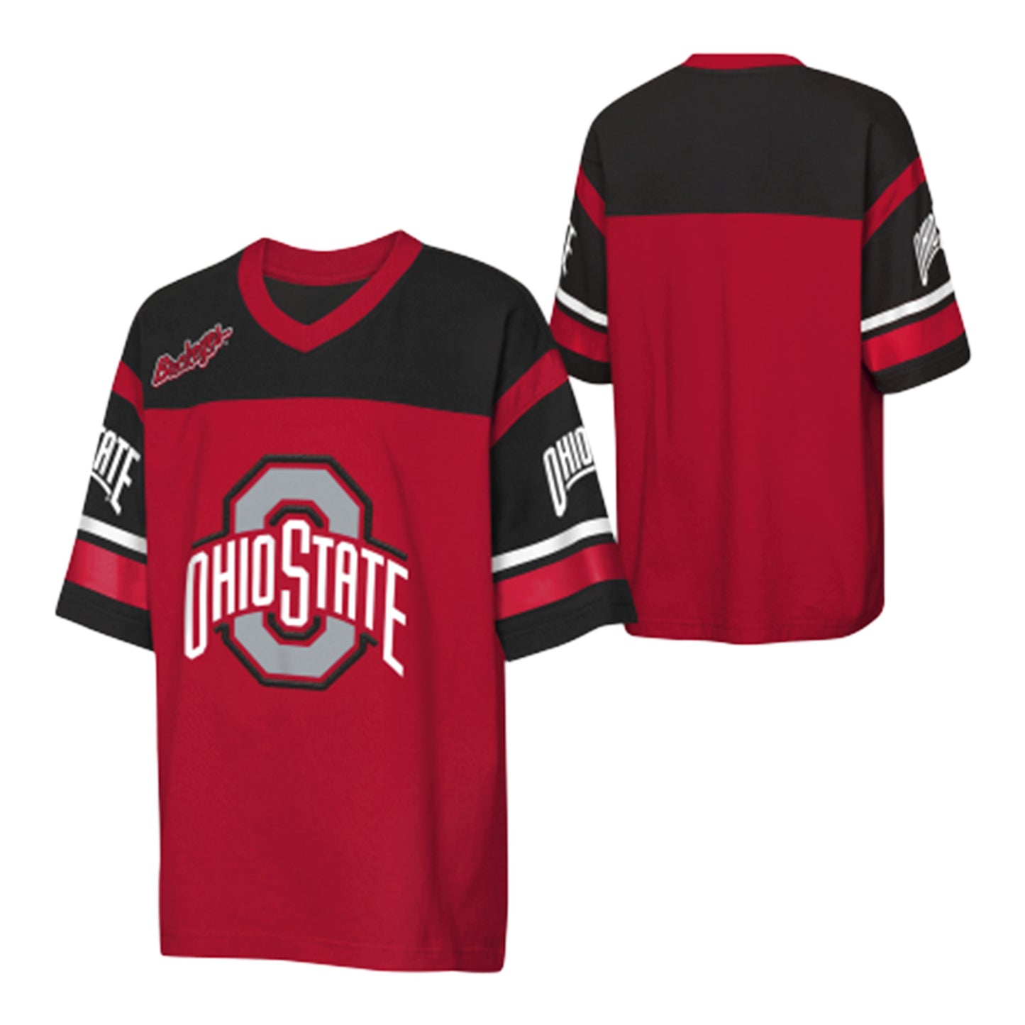 Youth Ohio State Buckeyes Chop Block Jersey T-Shirt - Front and Back
