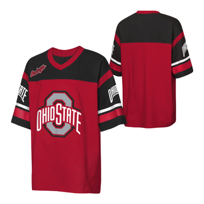 Youth Ohio State Buckeyes Chop Block Jersey T-Shirt - Front and Back