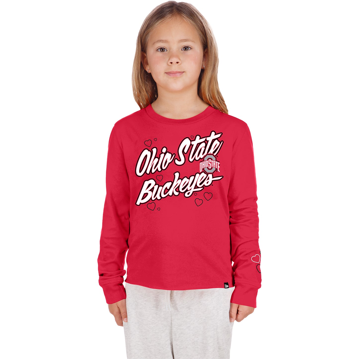 Youth Ohio State Buckeyes New Era Script Heart Crop T-Shirt - Front