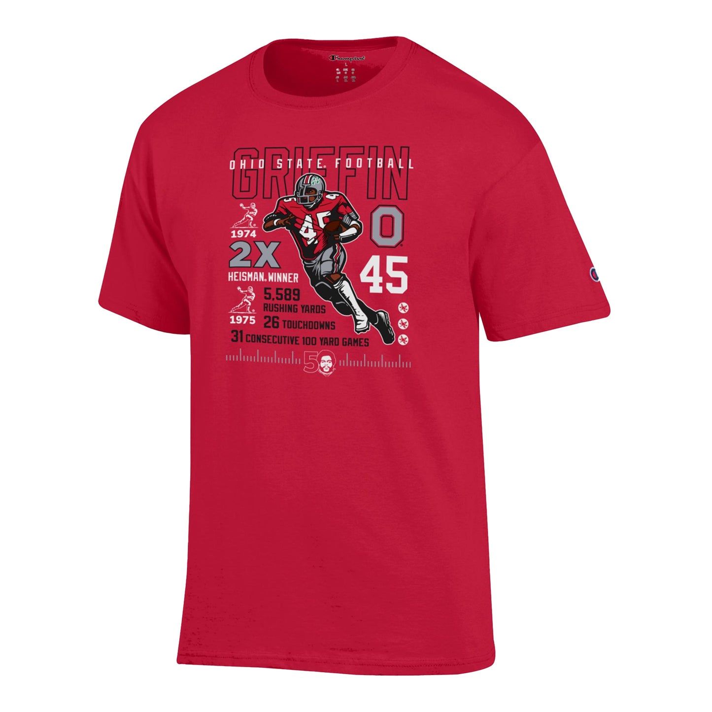 Ohio State Buckeyes Archie Griffin 50th Anniversary Stats Scarlet T-Shirt - Front View