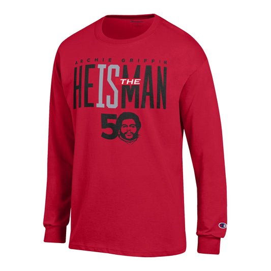 Ohio State Buckeyes Archie Griffin 50th Anniversary He Is The Man Long Sleeve Scarlet T-Shirt - Front View