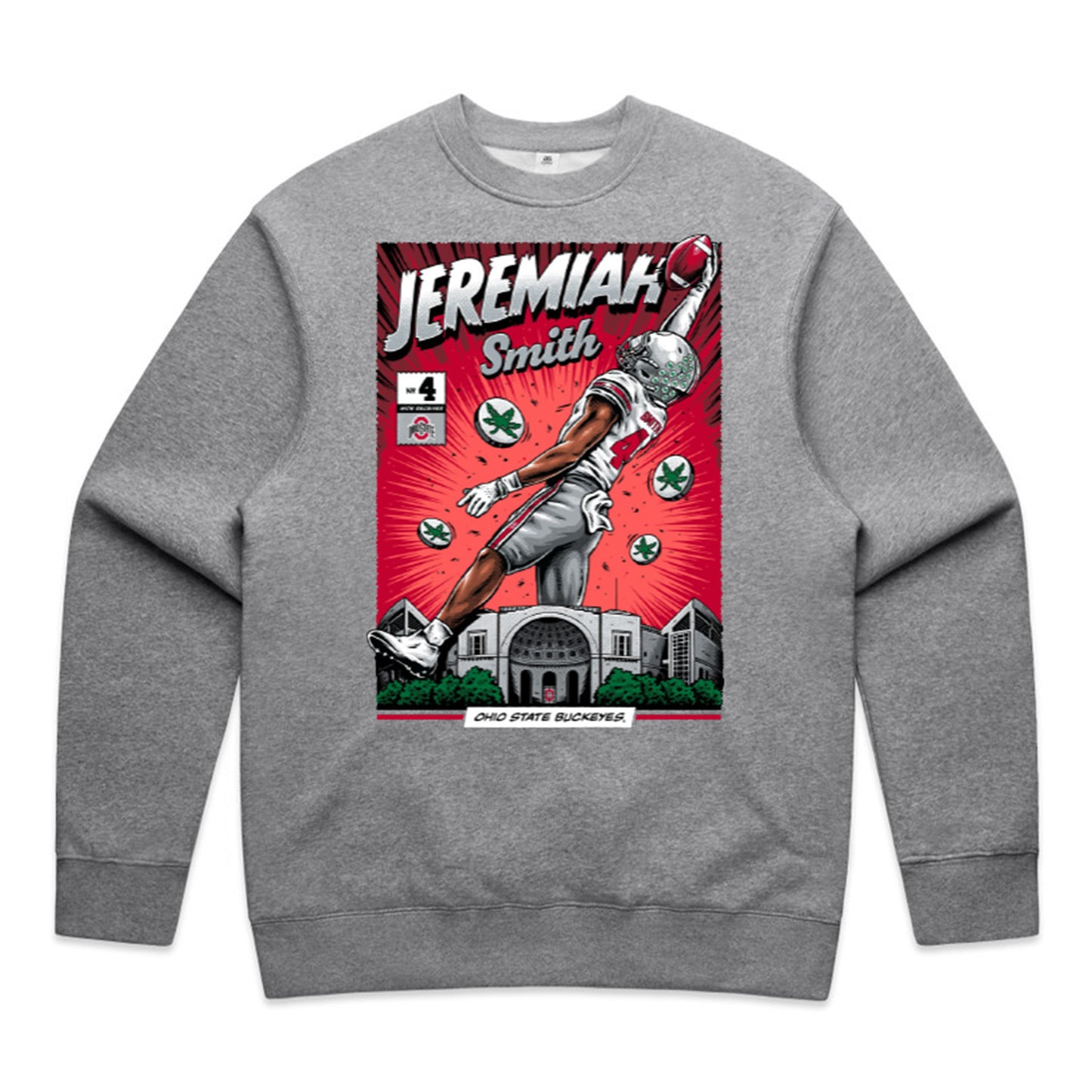 Ohio State Buckeyes #4 Jeremiah Smith Comic Crewneck Sweatshirt In Gray - Front View