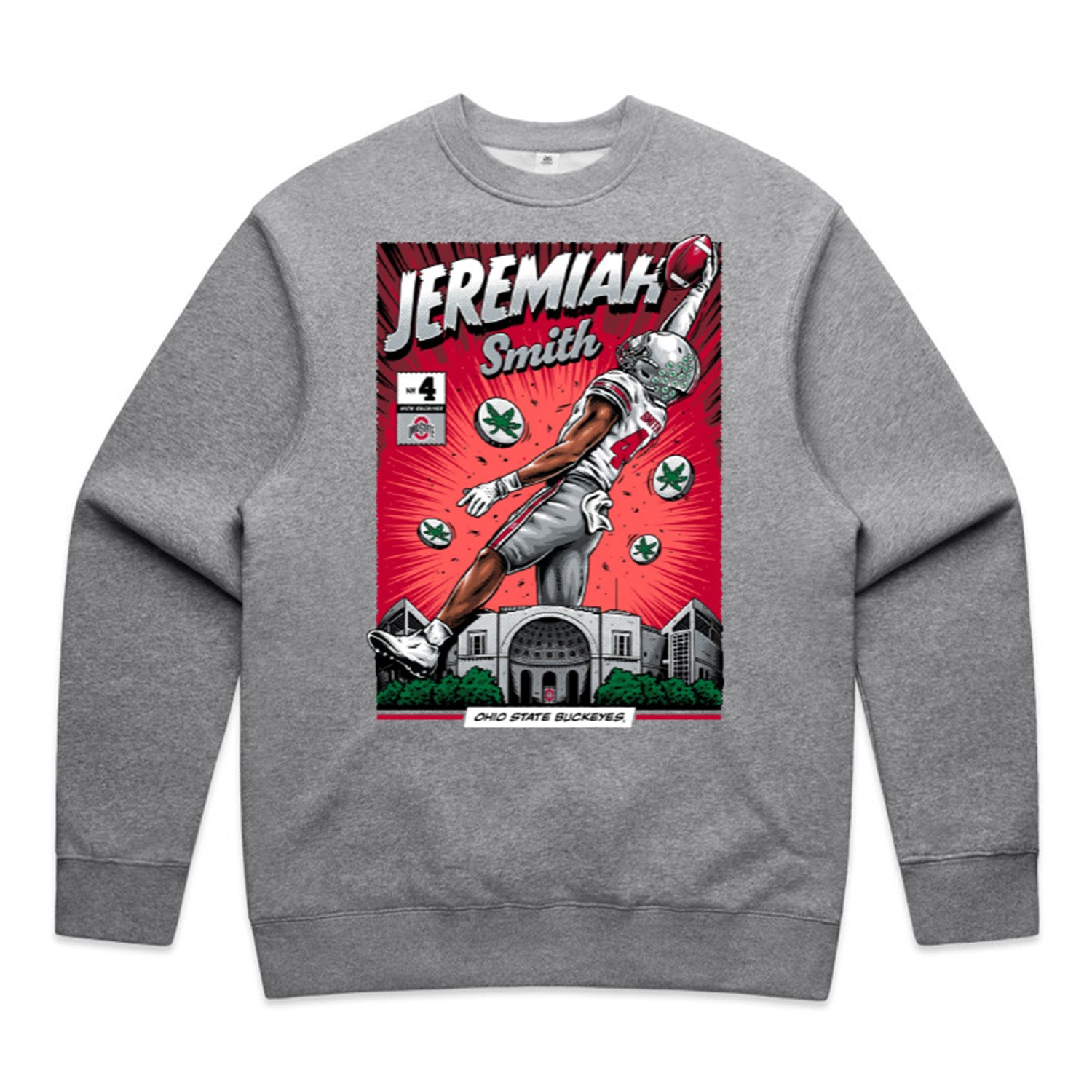 Ohio State Buckeyes #4 Jeremiah Smith Comic Crewneck Sweatshirt In Gray - Front View