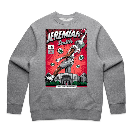 Ohio State Buckeyes #4 Jeremiah Smith Comic Crewneck Sweatshirt In Gray - Front View