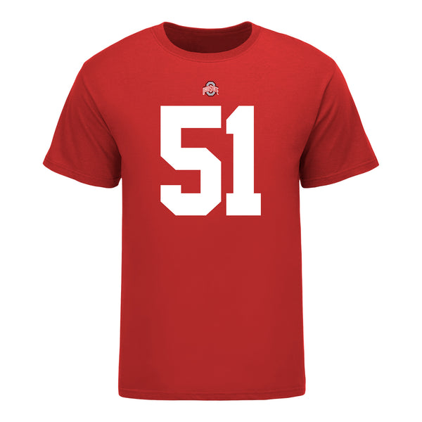 Ohio State Buckeyes #51 Michael Hall Jr. Student Athlete Football T-Shirt - In Scarlet - Front View