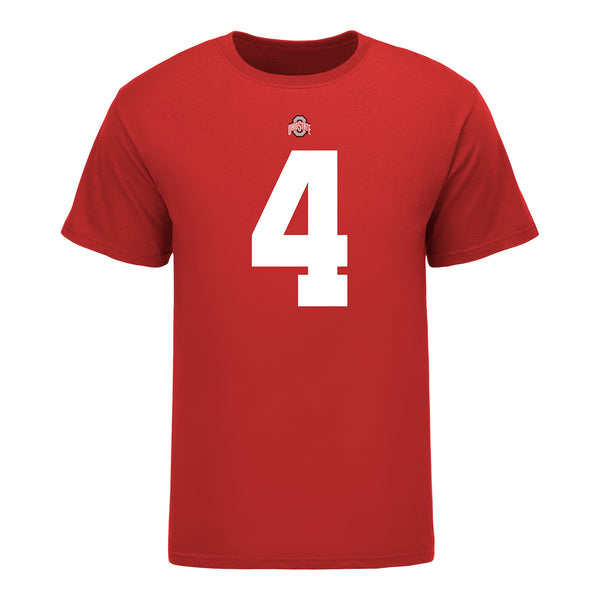 Ohio State Buckeyes #4 Julian Fleming Student Athlete Football T-Shirt - In Scarlet - Front View