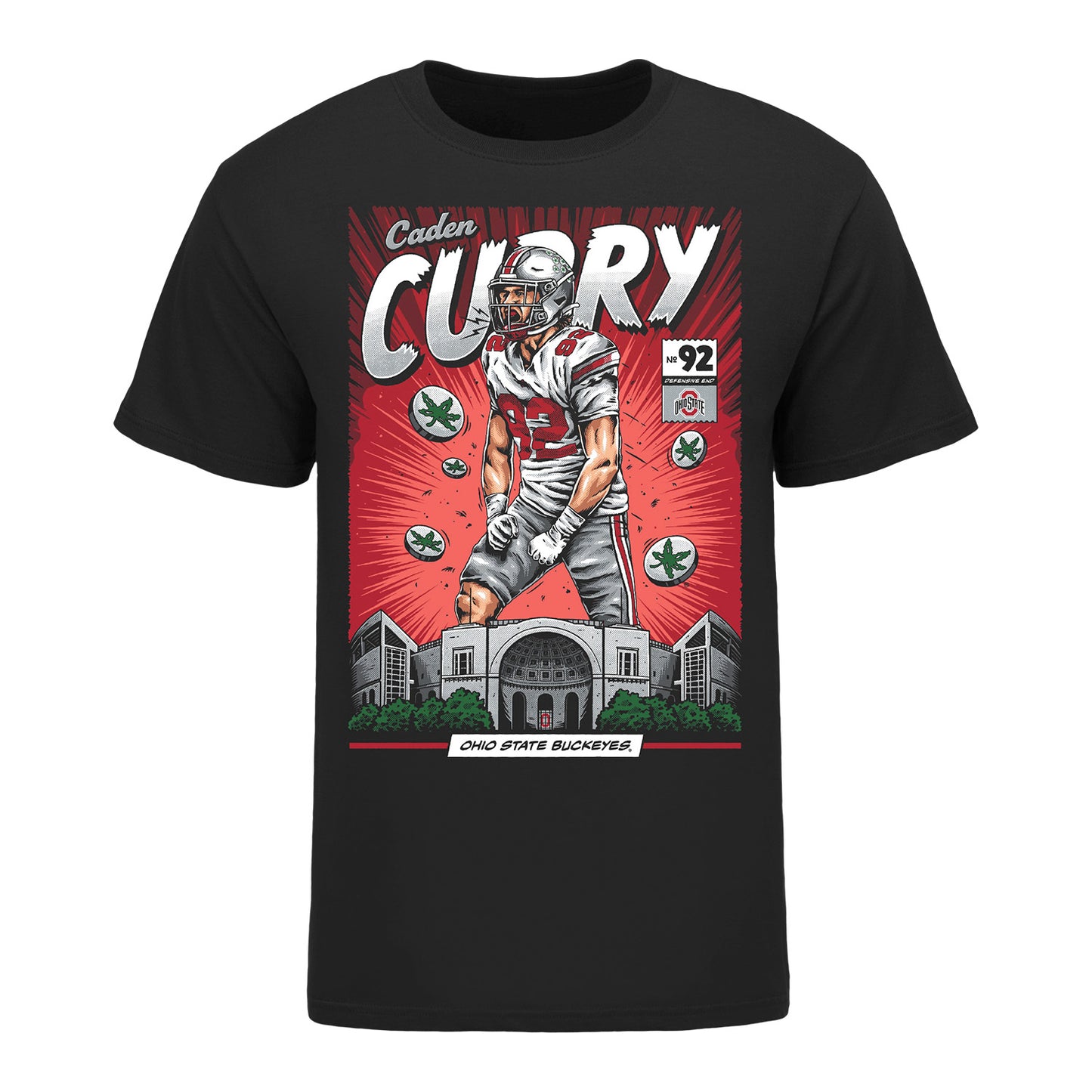 Ohio State Buckeyes #92 Caden Curry NIL Comic T-Shirt In Black - Front View