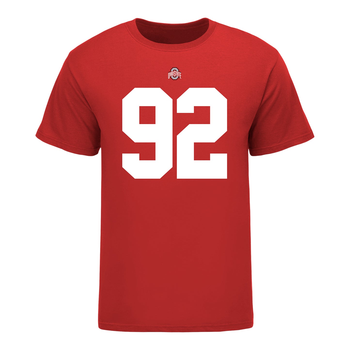 Ohio State Buckeyes Caden Curry #92 Student Athlete Football T-Shirt - In Scarlet - Front View