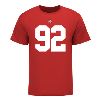 Ohio State Buckeyes Caden Curry #92 Student Athlete Football T-Shirt - In Scarlet - Front View