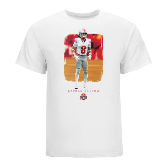 Ohio State Buckeyes Football Student Athlete Spotlight T-Shirt #8 Lathan Ransom - Front View