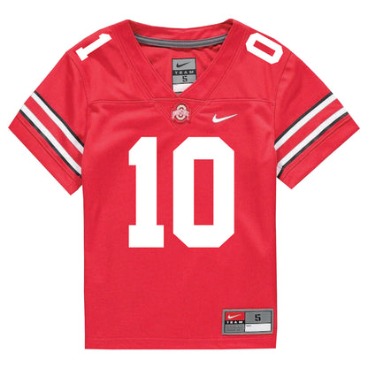 Youth Ohio State Buckeyes #10 Denzel Burke Student Athlete Football Jersey - Front View