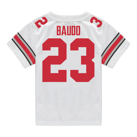 Ohio State Buckeyes Nike #23 Nolan Baudo Student Athlete White Football Jersey - Back View