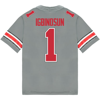 Ohio State Buckeyes Nike #1 Davison Igbinosun Student Athlete Gray Football Jersey - Back View