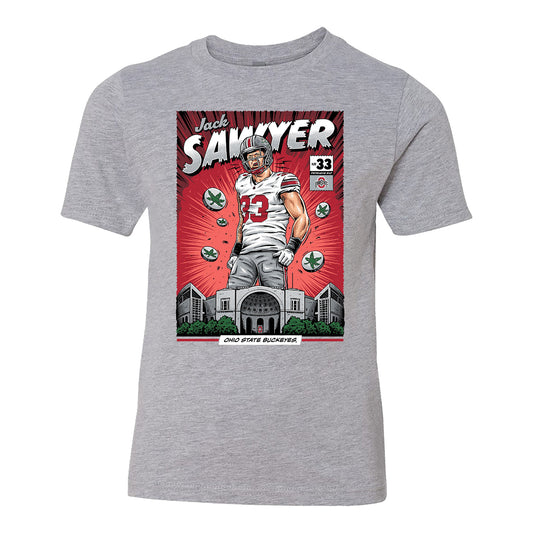 Youth Ohio State Buckeyes #33 Jack Sawyer NIL Comic T-Shirt - Front View