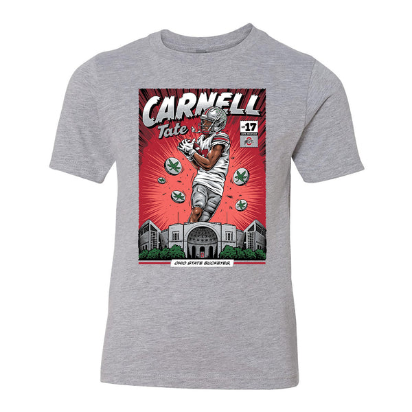 Youth Ohio State Buckeyes #17 Carnell Tate NIL Comic T-Shirt - Front View