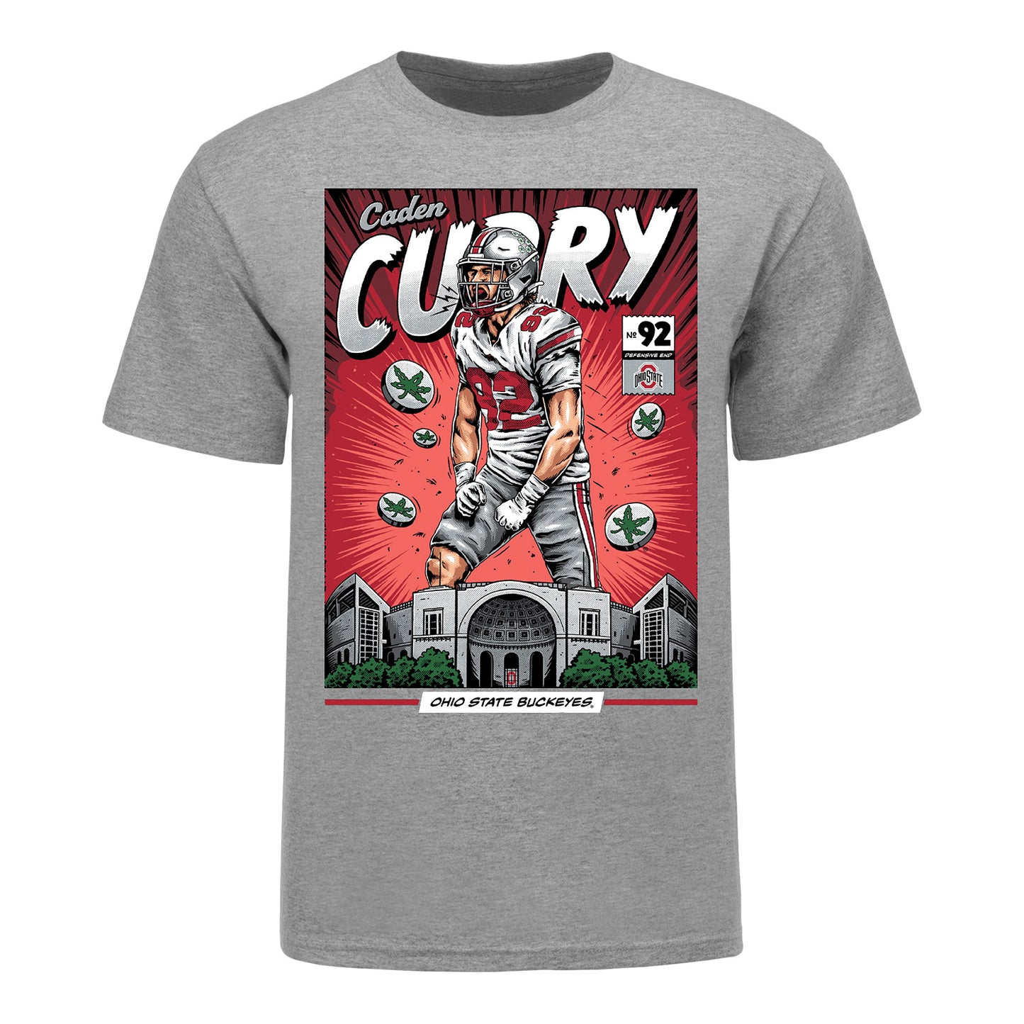 Youth Ohio State Buckeyes #92 Caden Curry NIL Comic T-Shirt In Gray - Front View