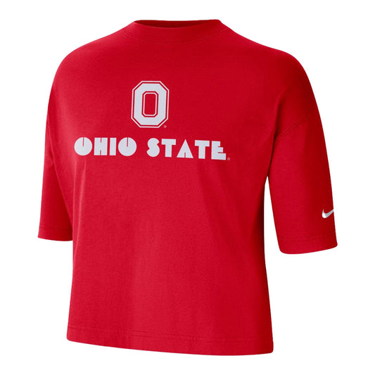 Ladies Ohio State Buckeyes Nike Block O Crop Short Sleeve - In Scarlet - Front View