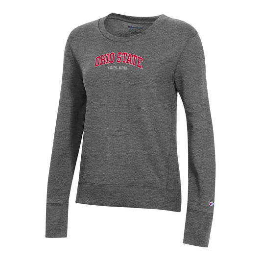 Ladies Ohio State Buckeyes Champion Arched Buckeyes 1870 Crew - In Charcoal - Front View