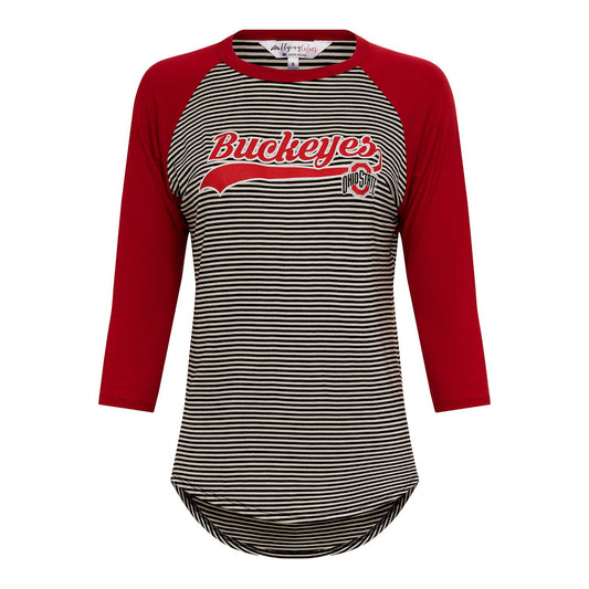 Ladies Ohio State Buckeyes Leah Baseball 3/4 Sleeve Shirt - In Black - Front View